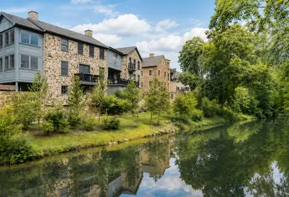 Delaware Canal and luxury townhomes in New Hope, Pennsylvania.